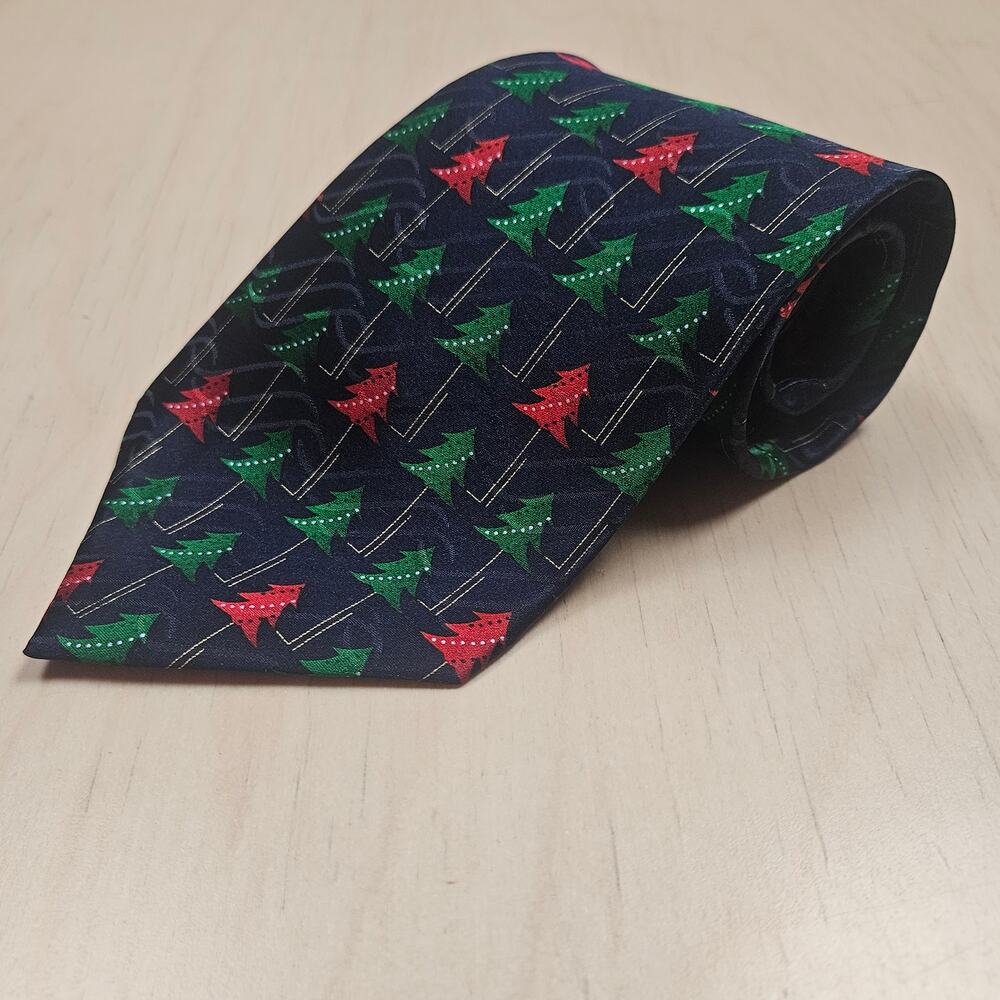 Vintage Hallmark Neck Tie Holiday Traditions Blue Christmas Tree Mens Party